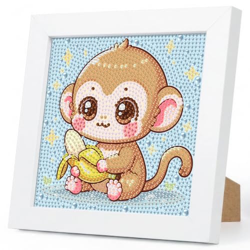 Monkey Diamond Art Kits for Kids Ages 4-8-12 with Wooden Frame 7x7 Inch | DIY Animal Diamond Art Painting Kit for Girls Boys, 5D Gem Art Kit for Beginners, Birthday Gift, Relaxing Hobby, Home Decor - color: HMKDPUS-26509