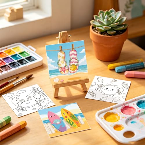 12 Packs Summer Pre Drawn Canvas to Paint, Ocean Pre Printed Canvas for Painting, Pre Stretched Canvas Outline Painting Boards for Beginners, Students, Party Favors 4 * 4inch - color: Summer