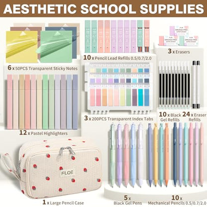 62PCS Aesthetic School Supplies Cute Back to School Supplies Stationary Set | College Preppy Essentials Kit with Large Pencil Pouch Case, Pastel Highlighters Gel Pens Mechanical Pencils for Student Girls - color: Beige Strawberry