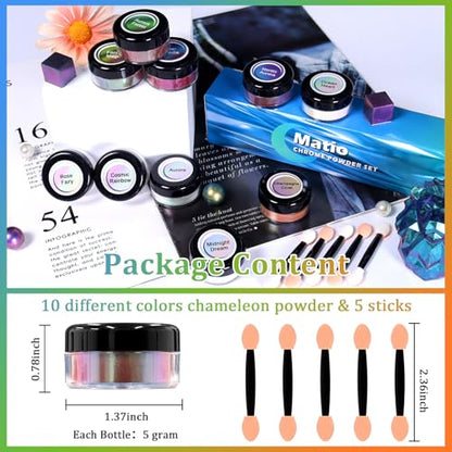 Matio Chameleon Mica Powder,10 * 5g Chrome Powder, 5 Pearlescent Effect | Color Shift Pigment & 5 Chameleon White Mica Pigment Set for Epoxy Resin,Soap Candle,Nail Art,Bath Bombs, Painting, Slime - color: 10 Colors Mix