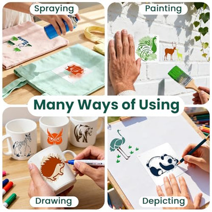 Amrules 65 Pcs Painting Stencils, Animals Theme, 4 x 4 Inch | Plastic, Drawing Templates Set for Crafts, Reusable DIY Art Stencil, For Wood, Walls, Cards, Fabrics, Rocks, Home Decoration - style: Animals