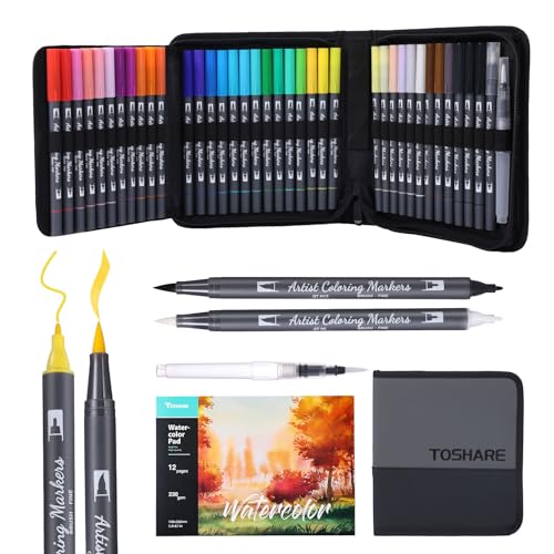 Watercolor Pens Set, 36-Color Dual Tip Professional Watercolor Markers for Adults, Water-Based Coloring Markers with 1 Aquapen, 1 Colorless Blender, 1 Black Marker, and 12-Page Pad, Art Supplies - color: 36+3 Colors