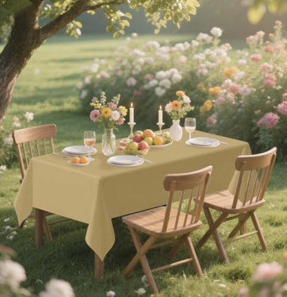 HEIPINIUYE 2 Pack Gold Tablecloth Disposable 54 x 108 Inch Gold Plastic Table Cloth Disposable Waterproof Rectangle Table Cover for Party Birthday Camping Picnic Tablecloths - color: Gold Rectangle Tablecloth, size: 2 Pack