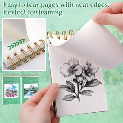 2 Small Watercolor Sketchbook with Watercolor Brushes, 3.5" x 5.5" | Watercolor Paper Pad, 60 Sheets 140lb/300g Water Color Paper Spiral - Bound with Tear - Line Travel Sketchbook