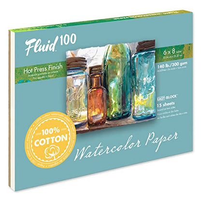 Fluid 100 Watercolor Paper Block, 6 x 8 inches, 15 Sheets, 140 lb (300 GSM) 100% Cotton Hot Press Pad for Artist Painting and Wet Media - size: 6 x 8