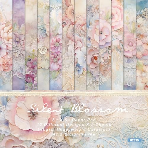 6x6 Scrapbook Paper Pad - Silent Blossom Vintage Lace 160gsm Cardstock, 24 Pcs Pastel Watercolor Floral Decorative Paper for Wedding Junk Journal Supplies - color: R2335 - 6×6