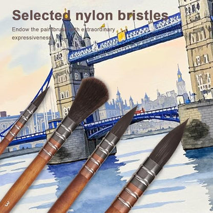 10 Pieces Paint Brush Set, Artist Series, Nylon Bristles with Round, Flat, Fan, Angle, Detail Brush, Suitable for Artists and Beginners for Acrylic Painting, Oil, Watercolor, Gouache(Brown)