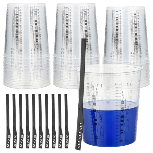 Gartful 30 Pack 64oz 1900ml Clear Plastic Paint Mixing Cups with 30 Stir Sticks - Disposable Graduated Measuring Cups for Paint, Resin & Epoxy with ML Scale & 3-Column Ratios (1:1-7:1) for DIY Crafts - size: 64oz / 1900ml