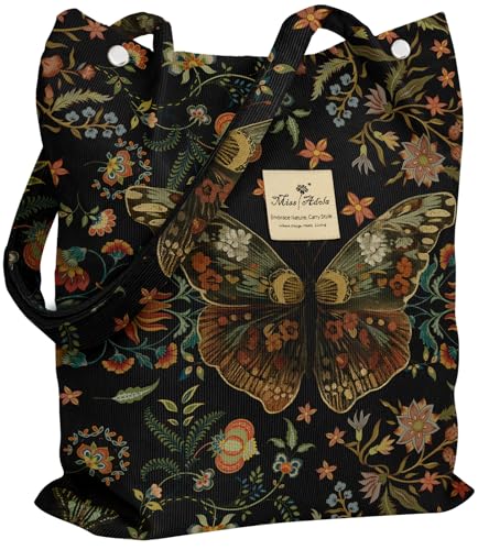Miss Adola Corduroy Tote Bag for Women with Aesthetic Design | Magnetic Buckle & Pocket, Reusable, Soft, Roomy, Long Shoulder Handles, Double-sided Print, Casual Daily Work, Grocery Bags - color: Floral Butterfly