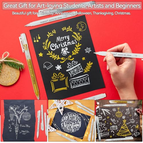 PANDAFLY Gold Silver White Gel Pens, 10-Pack, 1.0mm Fine Point Gel Ink Pens | 3 Colors Archival Ink Pens for Highlights, Black Paper Drawing, Sketching, Illustration, Card Making, Bullet Journaling - color: Multicolor