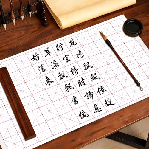 Corciosy Chinese Calligraphy Xuan Paper, 13 x 25.2In, 50 Sheets/Pack | Rice Paper with Grids, For Students, Beginners Practice, Includes Drawing Felt Mat Grey, 5cm/Grid - size: 5cm
