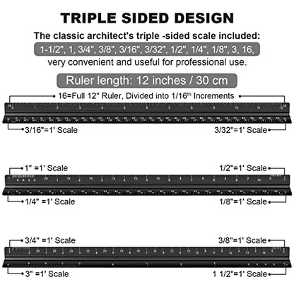 Architectural Scale Ruler Set, 2 Pack 12 Inch Aluminum Architect Ruler with Standard Metal Ruler, Imperial Architect Triangular Ruler with Etching for Architects, Engineers, Students and Draftsman - color: Black Silver