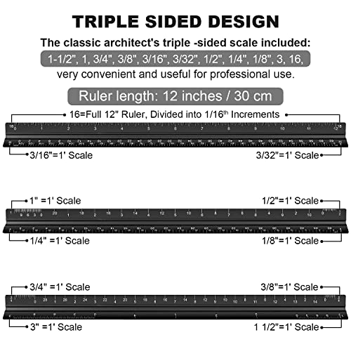 Architectural Scale Ruler Set, 2 Pack 12 Inch Aluminum Architect Ruler with Standard Metal Ruler, Imperial Architect Triangular Ruler with Etching for Architects, Engineers, Students and Draftsman - color: Black Silver