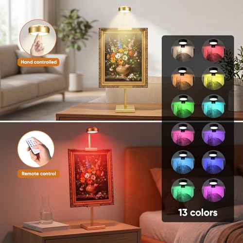 30'' Adjustable Tabletop Easel Stand with Rechargeable 13RGB Poster Light | Picture Frame Light, Picture Easels for Display,Gold Metal Picture Frame Holder Stand for Artwork, Photo,Sign. - color: Gold