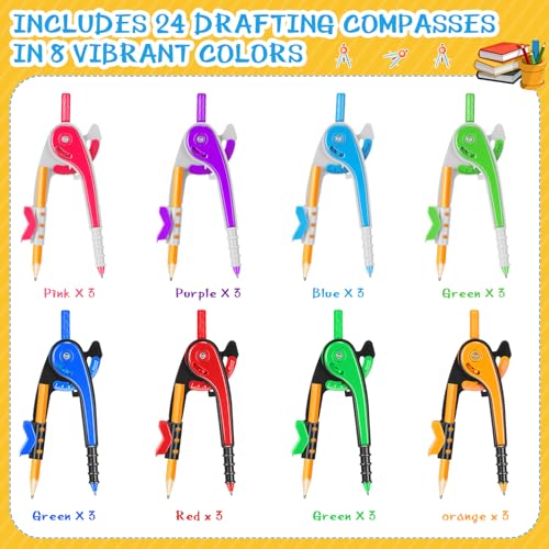 Zonon Student Math Geometry Compass Bulk 6 Inch Plastic Drawing Compass with Pencils Bright Color Precision Tool Back to School Supplies(24 Pcs)