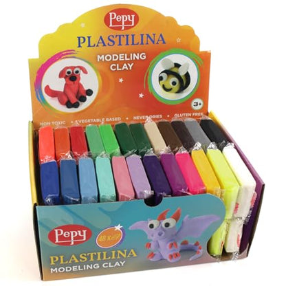 Pepy Plastilina Reusable and Non-Drying Modeling Clay Gift and Classroom Set; Set of 48 Bars, 1.4 Ounce Each, 2 Each of 24 Colors, Perfect for Arts and Crafts Projects, Multicolor