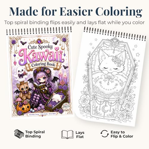 Cute Spooky Kawaii Coloring Book for Adults | Bold and Easy, Top Spiral Bound, 24 Images, Color Test Sheet, Mini Cozy Coloring Book and Pencil Sharpener Included, 8.5" x11"
