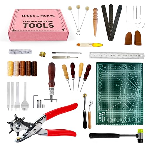 MINUS MUKYS Leather Working Kit Complete Leather Tools Set for Crafts Shoe Repair Kit Belts Includes Hole Puncher for Crafts Sewing Tools Awl Stitching Tool Cutting Mat Ideal for Beginners
