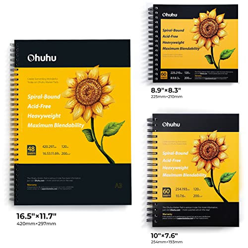 Ohuhu 16.5"x11" Marker Paper Pad Art Sketchbook for Drawing and Sketching | XL A3 Large Sketch Book -120 LB/200 GSM Smooth Drawing Paper -48 Sheets/96 Pages -Spiral-Bound Sketch Pad for Alcohol Markers - size: 16.5" x 11"