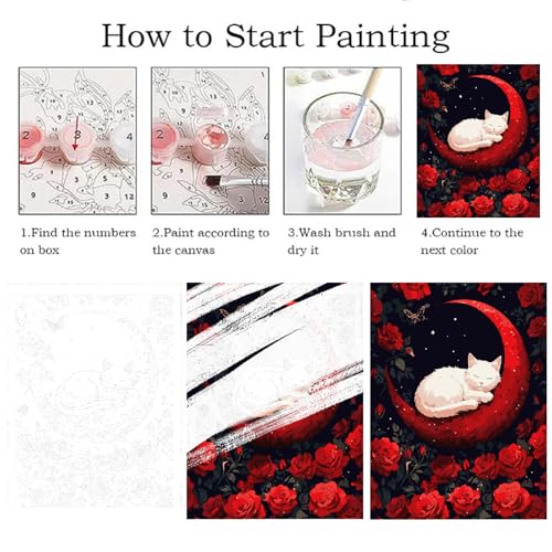 Paint by Numbers Kit for Adults Beginner Animal,Moon Flowers Cat,16x20" | Full set with wooden brushes,rolled canvas,rich paints.Calming activity.Beginner friendly.Just open and paint. - color: 16"X20"Rolled Canvas(Frameless)-Cat 15
