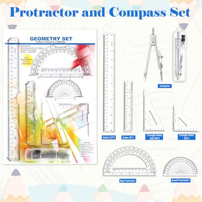 Coopay 7 Pcs Geometry Kit with Ruler, Triangle Ruler, Protractor and Compass Set | 12'' & 6'' Straight Rulers, 45°/60°Triangle Ruler, 6" & 4" Protractors, Compass, Geometry, Drafting, Math, School, Office - size: 7 Pcs set