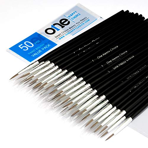 50 Pcs Fine Detail Synthetic Paint Brush Set, Pointed Round Size #1 Large | Extra Fine Tip for Miniature, Scale Model, Figurine, Rock & Nail Painting with Acrylic Watercolor Oil Gouache Enamel & Ink - size: Size #1 (Large)