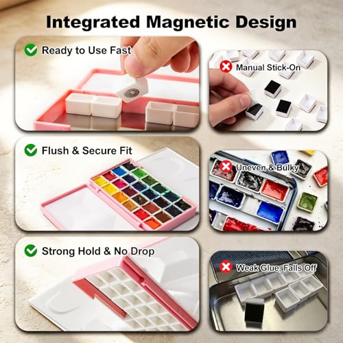 SEAMIART Empty Watercolor Palette Case with 24 Magnetic Half Pans & Lid - color: Pink, size: 4.9" x 2.9" x 1"