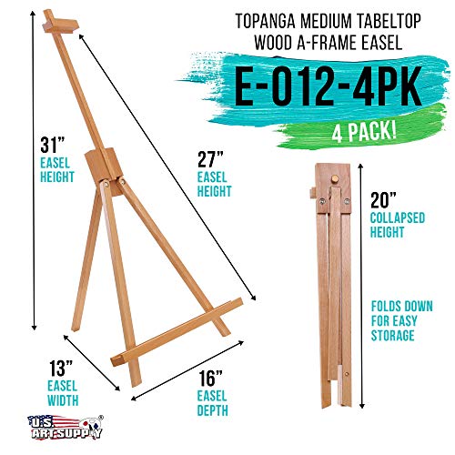 U.S. Art Supply 31" High Wood Studio Tabletop Easel (4 Pack) - Adjustable Artist Tripod, Holds Up to 27" Canvas, Folding A-Frame Artist Display Stand - Table Top Easel for Painting