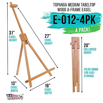 U.S. Art Supply 31" High Wood Studio Tabletop Easel (4 Pack) - Adjustable Artist Tripod, Holds Up to 27" Canvas, Folding A-Frame Artist Display Stand - Table Top Easel for Painting