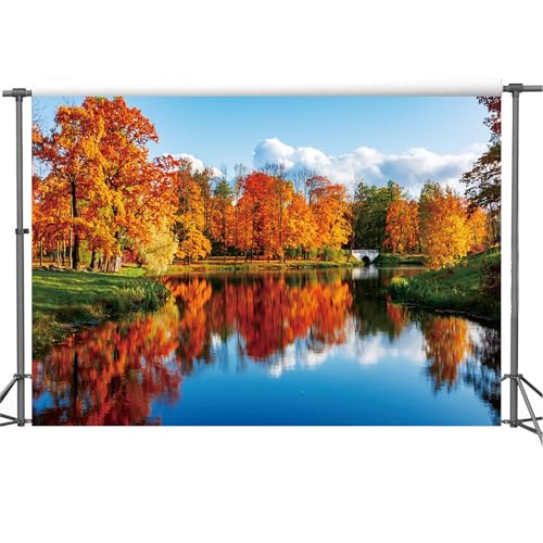 Yeele 7x5ft Natural Lake Scenery Backdrop Autumn Golden Tree Blue River Outdoor Landscape Photography Background Countryside View Kid Adult Portrait Photo Studio Props - size: 7x5ft