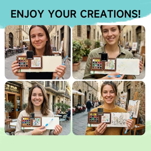 Mini Wooden Watercolor Paint Set, All-in-One Pocket Travel Art Kit: 15-Grid Palette, 12-Color Pigment, Brushes, Sketchbook, Clip, Sponge & Bags- Art Supplies Gift for Beginners & Artists DMCK004 - color: Botanical Green