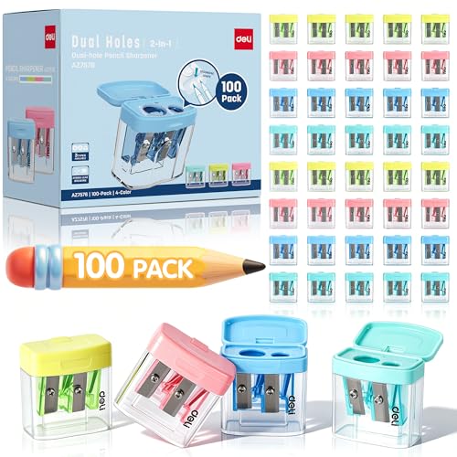 Deli Pencil Sharpener, 100 Pack Pencil Sharpeners Manual | Dual Holes Compact Colored Handheld Pencil Sharpener with Lid for Kids, School, Office - size: 100 Pack
