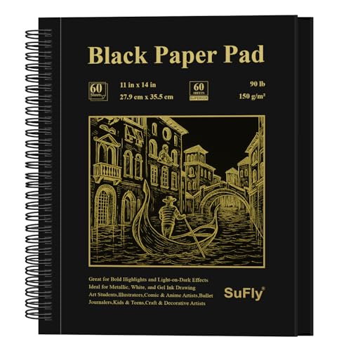 SuFly Black Paper Drawing Pad, 60 Sheets Large Sketch Book 11x14, Spiral Bound - Hardcover,90lb/150gsm Black Paper Notebook for Gel Pens. - color: Black, size: 11-x-14-inch:1 Pack