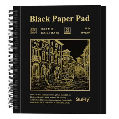 SuFly Black Paper Drawing Pad, 60 Sheets Large Sketch Book 11x14, Spiral Bound - Hardcover,90lb/150gsm Black Paper Notebook for Gel Pens. - color: Black, size: 11-x-14-inch:1 Pack