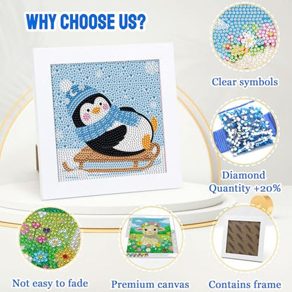Leixonl Diamond Art Kits for Kids with Framed (7 in) Cartoon Animals DIY Gem Art Painting - Arts & Crafts Gifts for Beginners & Teens (Penguin) - color: Penguin