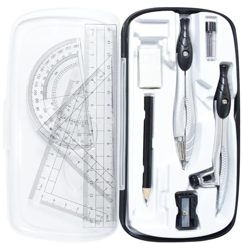 SAYEEC Geometry Set, 10 Pcs Math Protractor Compasses Kit with Ruler, Triangles, Eraser, Sharpener, Lead Refills, Pencil, Storage Box, Drafting Drawing Tools for Architects Engineers Artists