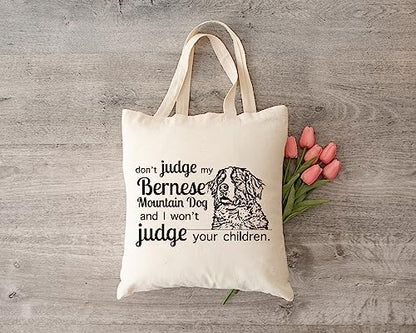Pet Studio Art Don't Judge My Dog Tote Bag - color: Bernese Mountain Dog
