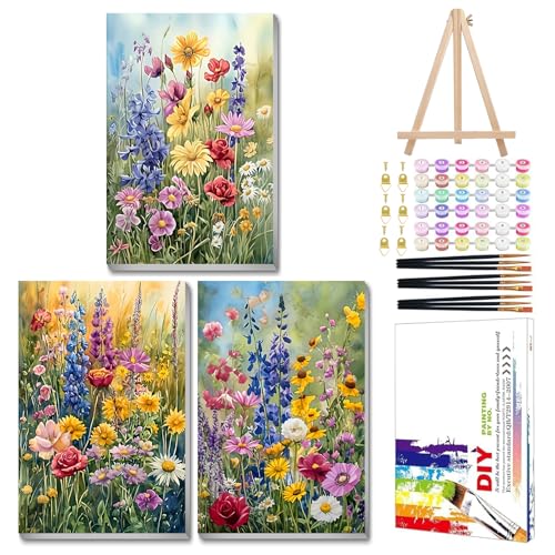 Mandun Wild Flowers Paint by Numbers Kit for Adults, 3 Pack, 7.8x11.8 inch | DIY Painting Kits Crafts for Adults, Relieve Stress, Frame Canvas, Wooden Easel, Gift Box, Home Wall Decor - color: 3 Pack Wild Flowers