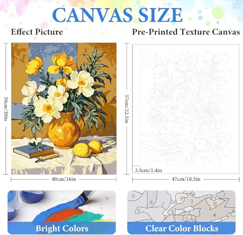 ZRIZQ Flowers Paint by Numbers Kit for Adults Beginner,Vintage,16x20 | Full set with wooden brushes,rolled canvas,rich paints.Calming activity.Beginner friendly.Just open and paint. - color: 16"X20"Rolled Canvas-Vintage Flowers