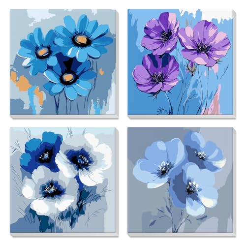 NEWENMO 4 Pack Paint by Numbers for Adults with Wooden Framed, Blue Flowers, Paint by Number Kits on Canvas for Beginner, DIY Acrylic Oil Painting Kits for Home Decor 8x8 inch, Beautiful Flowers - color: blue-flower