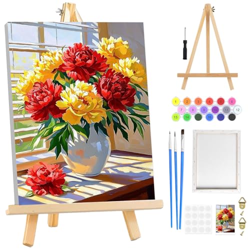 Flowers Paint by Numbers Kit for Adults Beginners Framed with Wooden Easel, Sunshine Adults' Paint-by-Number Kits on Canvas, Window DIY Easy Acrylic Oil Painting by Numbers for Home Decor, 8x12in - color: OMS060