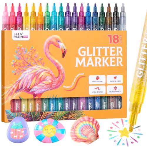 18 Metallic Colors Glitter Markers, Acrylic Paint Markers 2mm Medium Tip | Water-Based,Non-Toxic Ink Glitter Paint Pens for Adults Rock Painting, Fabric, Cards, Journaling & DIY Crafts - size: 18 Count (Pack of 1)