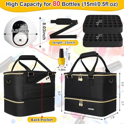 Covkev Nail Polish Organizer Hold 80 Bottles (15ml/0.5 fl.oz)& Nail Lamp, Double Layer Nail Bag Organizer Case with Handle, Large Nail Supplies& Kit Storage Case for Women Travel (Black& Golden)