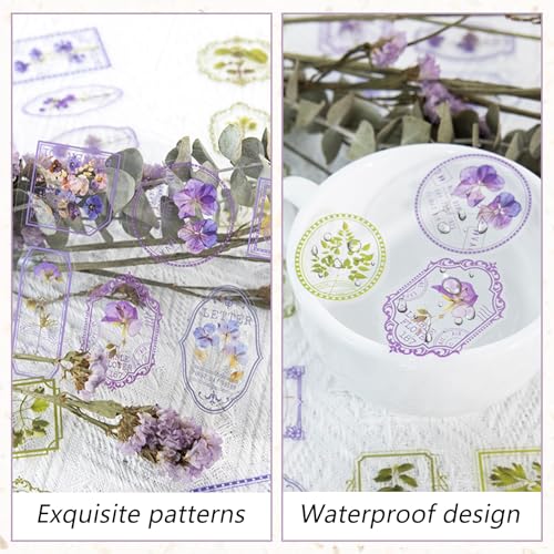 Bomichi 120 Pcs Flowers Stamp Stickers, Vintage Aesthetic Scrapbook Supplies for Junk Journal Bullet Therapy Planner Laptops Card Making Supplies - style: Transparent Flower Stamps