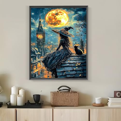 Halloween Witch Cat Moon Diamond Art Kits for Adults, 5D Diamond Painting Kits for Adults Beginners, DIY Full Round Drill Diamond Dot Painting Gem Art Kits for Adult, Home Wall Decor 11.8x15.7 Inch - color: NZ63