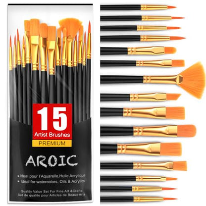 AROIC Acrylic Paint Brush Set,1pack/15pcs Nylon Hair Acrylic Painting Brush | Watercolor Rock Face Painting Brush, Artist Craft Brush Supplies, Paint Brush Set For All Purposes Children Adult painting - size: 15pcs