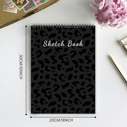 Deokke Sketchbook Top Spiral Bound Sketch Pad, 9 x 12 inch,100GSM Thick Paper,50 Sheets 100 Pages,Art Sketch Book Aesthetic Cute Drawing Writing Paper,for Girls Women-Black Leopard Cheetah Pattern - color: A-1-Black