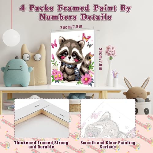 4 Pack Animal Paint by Number for Kids with Wooden Frame - Wooden Easel | Paint by Numbers for Kids Ages 4-8-12, Easy Owl Fox Hedgehog Raccoon DIY Oil Painting Kits for Home Wall Decor (8X8 inch) - color: BKH458+BKH459+BKH464+BKH465