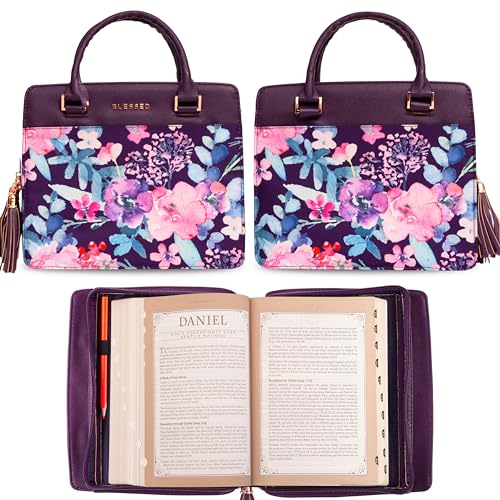 Christian Art Gifts Women's Fashion Bible Cover Purse Style Blessed, Purple Floral Faux Leather, Large - size: Large