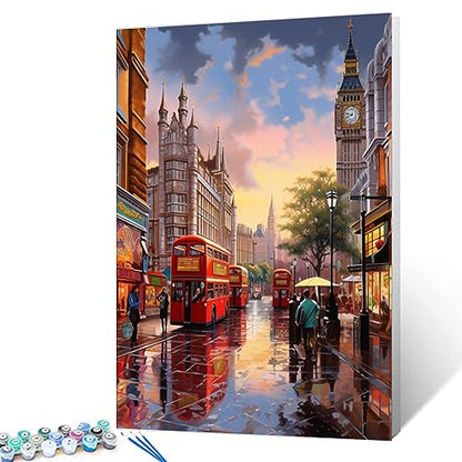 London Street Landscape Paint by Numbers Kits 16x20 inch Canvas DIY Oil Painting for Kids, Students, Adults Beginner with Brushes and Acrylic Pigment - Bus Town Bell Scenery Photo Gift(without Frame) - color: Scenery 02, size: 16''x20''(Frameless)
